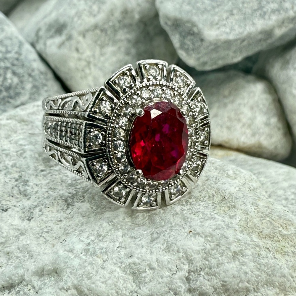Vanna K for Bella Luce 2.80ct Ruby & Zirconia Halo Ring Sterling Silver Sz 5